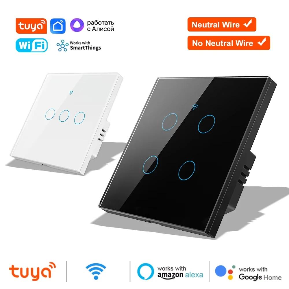 WiFi RF433 Smart Wall Switch Tuya App Remote Control 1/2/3/4 Gang Glass Panel Touch Light Switch No Neutral Wire Voice Control Alexa Google