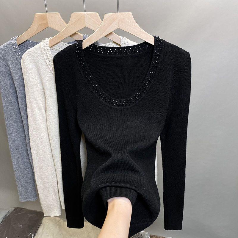 

Новая осенне-зимняя мода, корейская версия, свитер с круглым вырезом и бусинами, свободный и универсальный, в западном стиле, облегающий трикотажный женский топ S