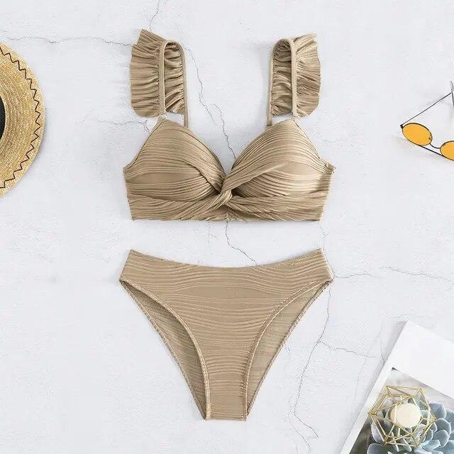 Sexy Khaki Ribbed Swimwear High Waist Bikinis Set Ruffled Swimsuit Cross Bandage Bathing Suit Brazilian Bikini Bather