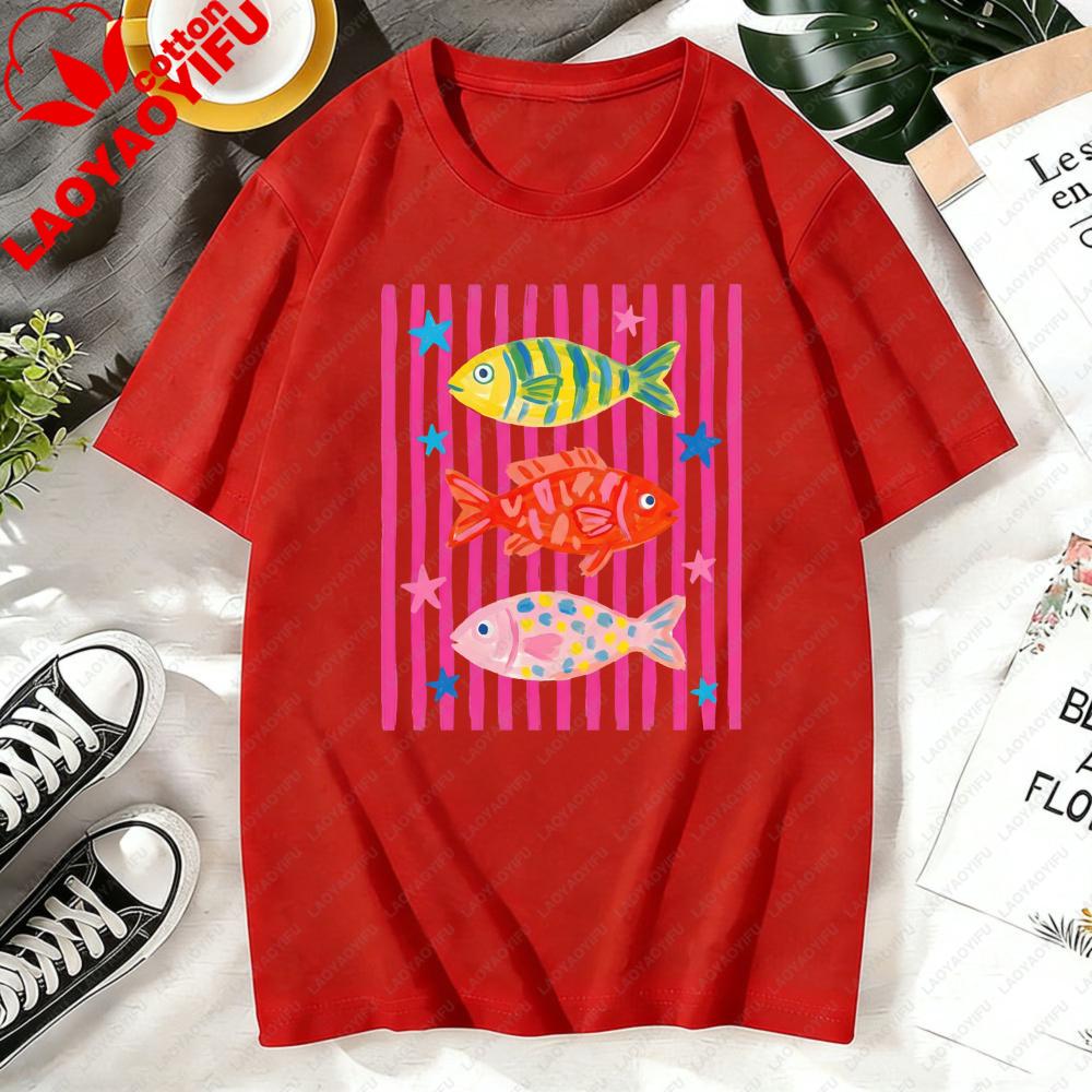 Bright Striped Fish Graphic Tee Y2k Pop Art Aesthetic Bold Pink Colorful Fish Print Nautical Summer Everyday Casual TShirt