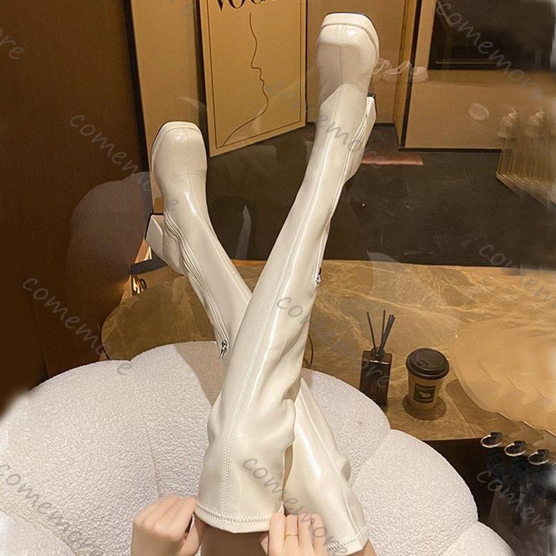 Fashion Comemore Black Over The Knee High Boots for Women Square Toe Thick High Heels Women Shoes Sexy Thigh High Platform Gothic Botas