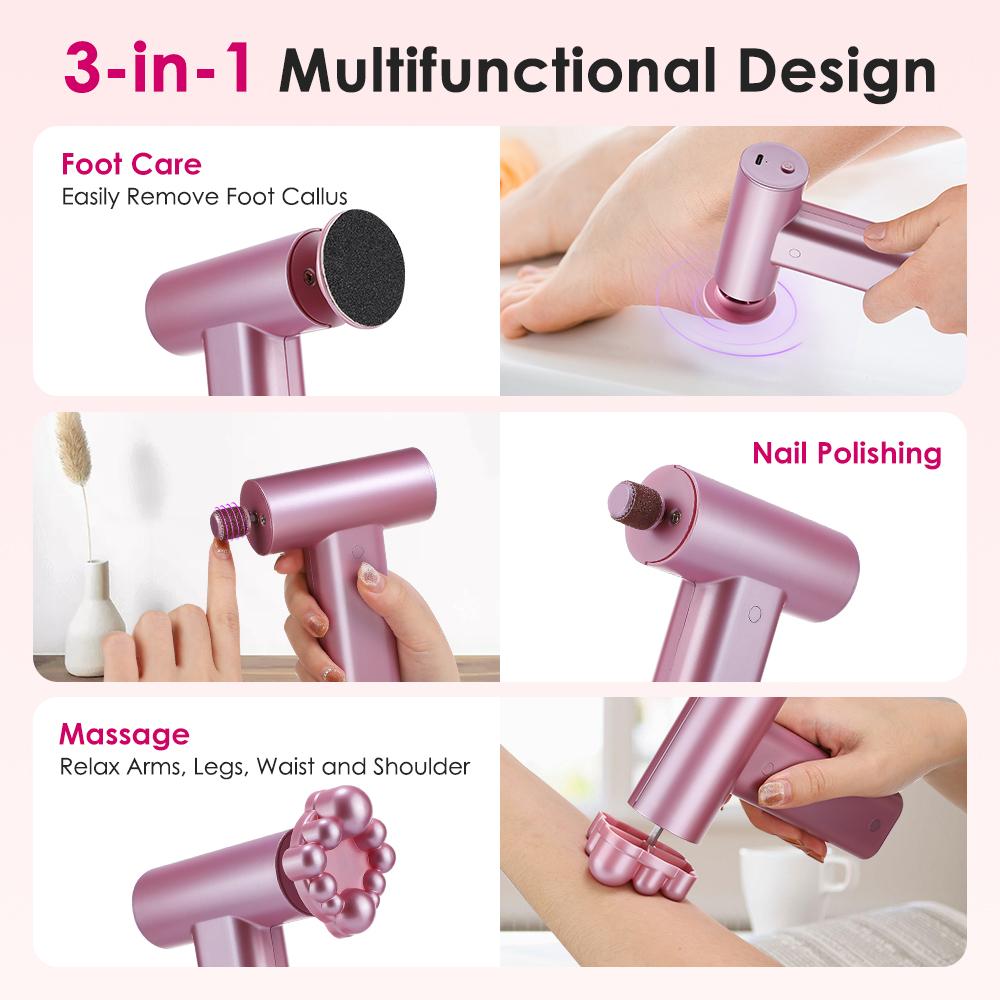 3-in-1 Multifunctional Nail & Foot Grinder Callus Remover for Men & Women's Full Body Muscle Relaxation Electric Massage Gun