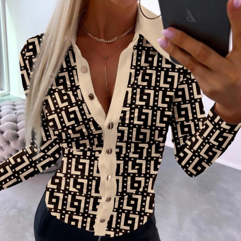BITCED Women's Autumn Long Sleeve Simple Sexy V-Neck Printed Ladies Shirt Blouse