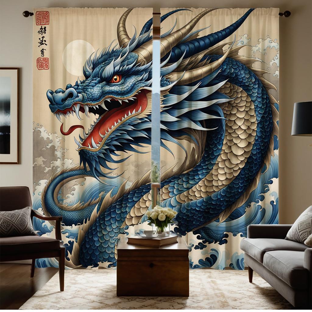 Blue Dragon Curtains Hd Print Fierce Red Eyes Waves Polyester Pocket Rod Top Living Room Bedroom Curtain Light Filtering Ideal For Great