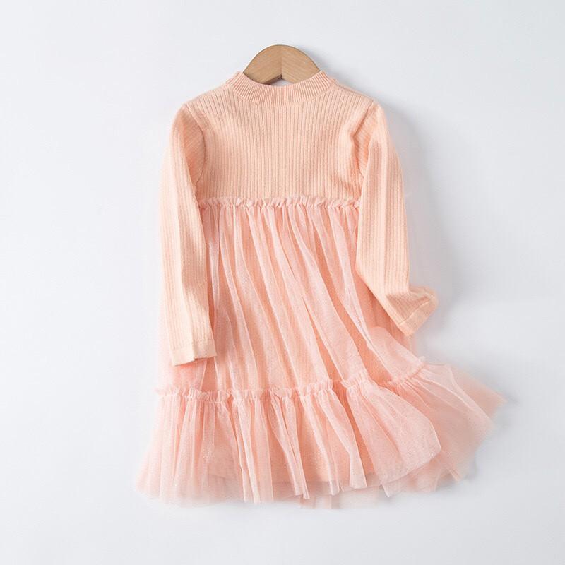 2026 Girls Long Sleeve Pink Princess Dress Solid Color Tulle Skirt Kids