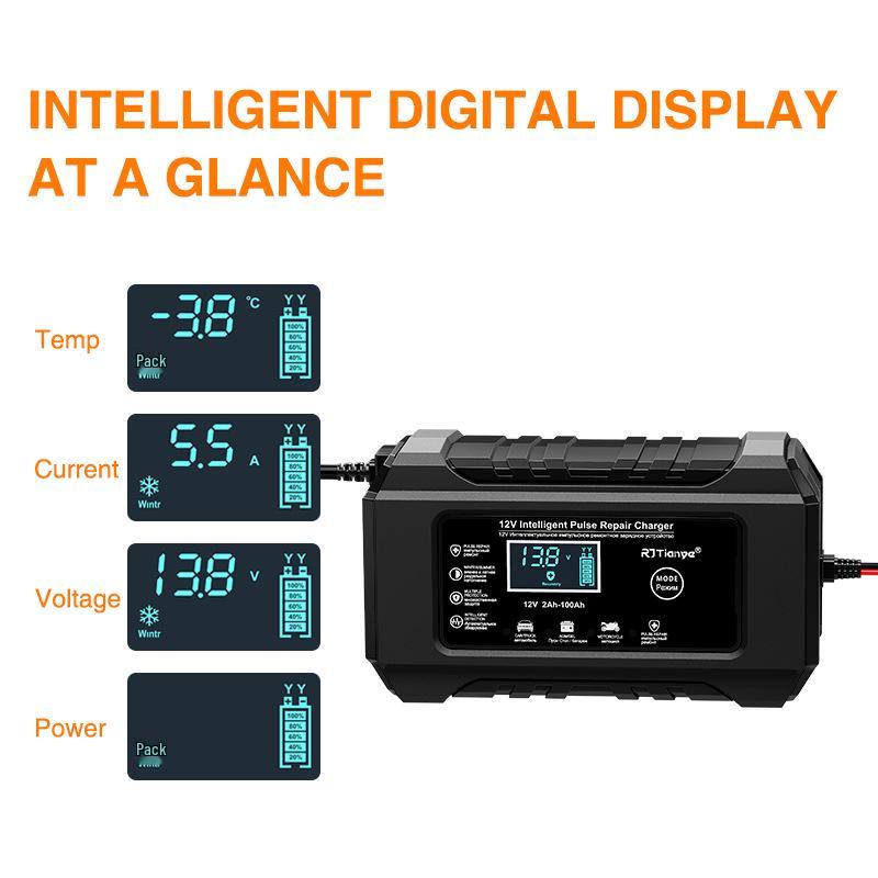 12V Smart Pulse Repair Lead-Acid Battery Charger for Motorcycles and Cars
