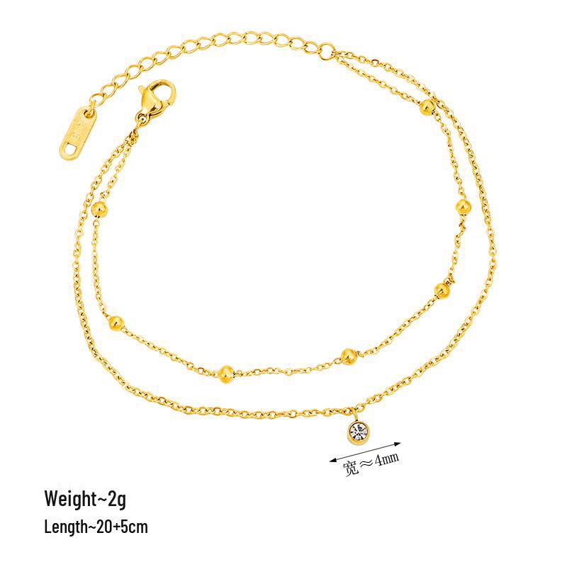 Women's Sexy Double-Layer Beaded Anklet with Single Diamond, 18K Gold Titanium Steel, Tarnish-Free, Wearable In Bath