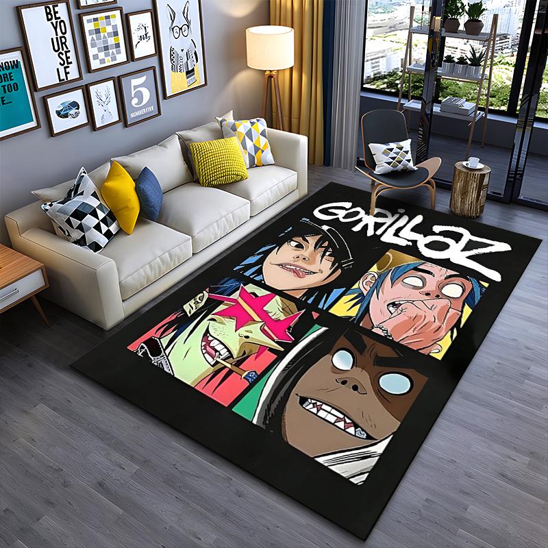 Area Rug, Gorillaz Band Four Faces Square Grid Cartoon Poster Print, Man Cave Decor, Non-Slip Mat