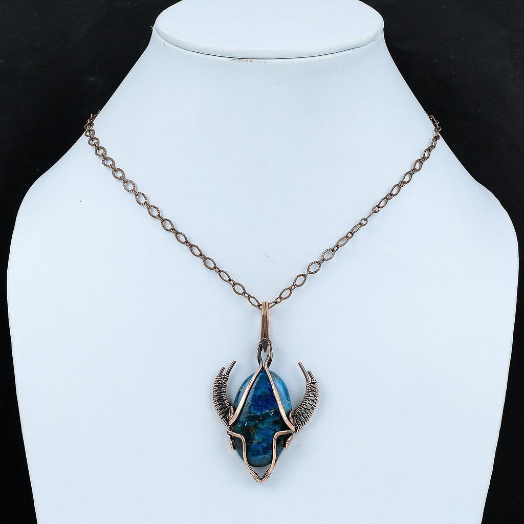 Neon Apatite Copper Pendant Copper Wire Wrapped Pendant Handmade Copper Jewelry Dainty Bull Face Shape Pendant Gemstone Jewelry Gift For Him