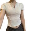 Apricot Straight Shoulder Short Sleeve Women's Slim Fit Crop Top with Half Zip and Fishbone Detail