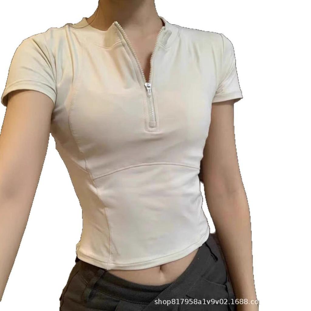 Apricot Straight Shoulder Short Sleeve Women's Slim Fit Crop Top with Half Zip and Fishbone Detail
