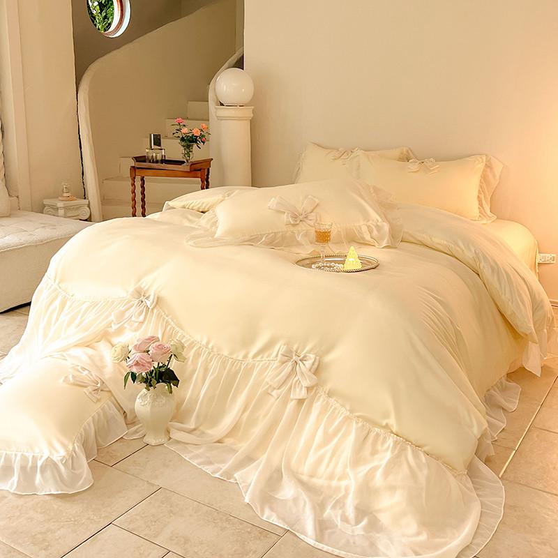 Chic Ruffle Lace Edge Sweet Princess Style Nature Soft Skin Friendly 4pcs Bedding set Bed Sheet Pillowcases Twin Queen King