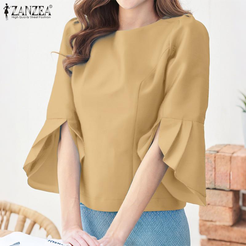 

ZANZEA Women Casual Round Neck Ruffles 3/4 Sleeve Loose Blouse S синий