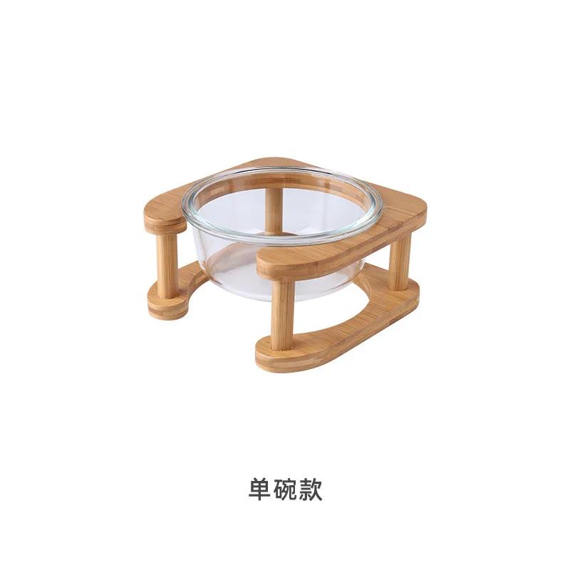 

Double bow Cat Raised Glass Bowl Pet Elevated Wood Stand Neck Care Design For Kitten Puppy Confort Healthy Drinking Feeding Bowl 14.7CM 600ML