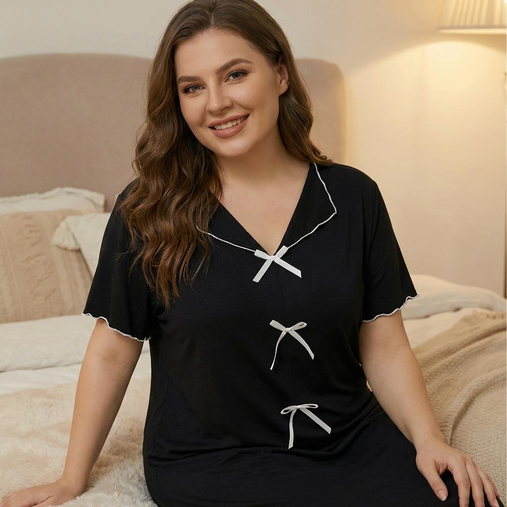 TIFICY Women's Fashion Spring Summer Solid Color Bow Print Short Sleeve POLO Neck Casual Pajama Set