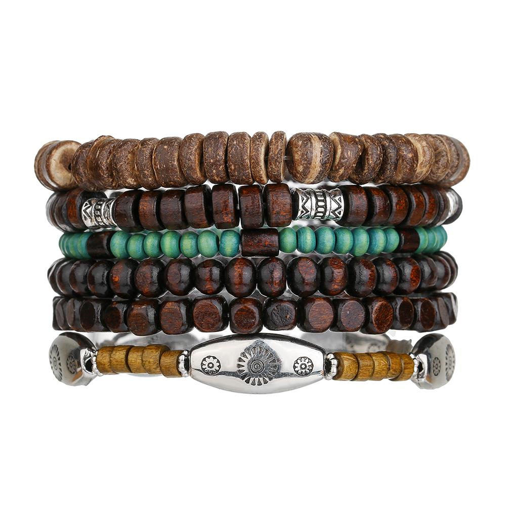 Best-selling Multi-layer Buddha Wood Bead Bracelets Sets Men's Retro Style Multi-layer Elastic Thread Adjustable Wooden Bracelet