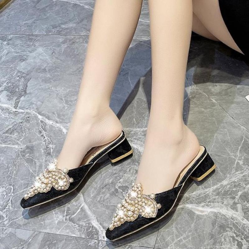 Elegant Lace Wedding Shoes Flat Pointed Toe Semi-Slipper Women Summer Cool Slippers Pearl Rhinestone Lazy Person Slippers