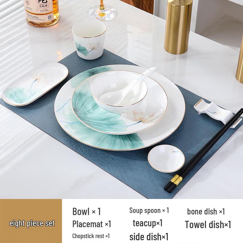 8-Piece Chinese Style Gold Rim Lotus Ceramic Dinnerware Set