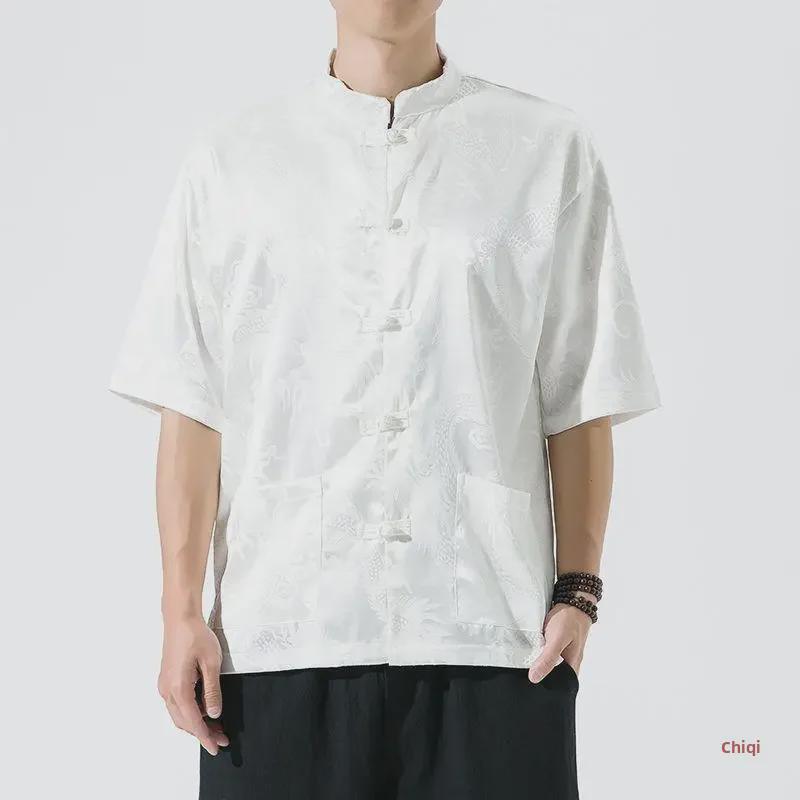 Herren-Tang-Hemd aus Eisseide mit Drachenmuster im chinesischen Stil – kurze Ärmel, lockere Passform