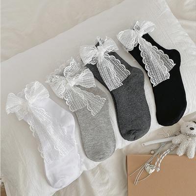Female Spring and Summer Thin Style Pure Color Lace Lace Bow Ballet Wind Breathable In The Tube Pile Socks