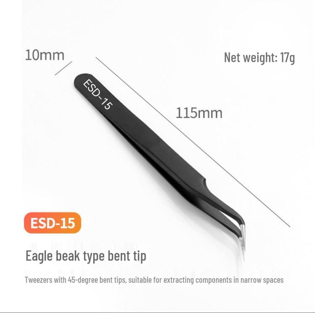 Black Anti-Static Stainless Steel Curved Tip Tweezers Set for Nail Art, Journaling, and Repairs