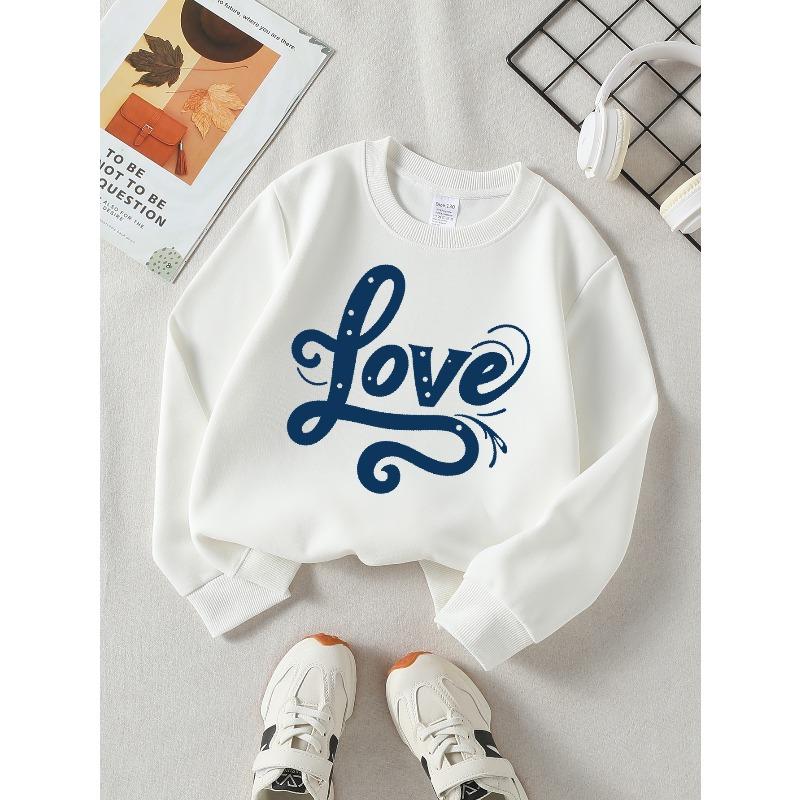 Girls' Long-sleeve Sweatshirt with Round Neck and Printed DesignLove Denim Print Suitable for Spring and Autumn, Fashionable and Casual