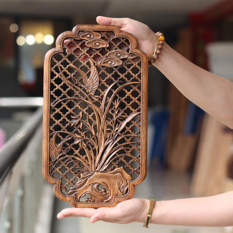 Chinese Classical Hollow Wood Carving Crafts Camphor Wood Carving Plum Blossoms Orchid  Background Wall Hanging Decor Ornaments
