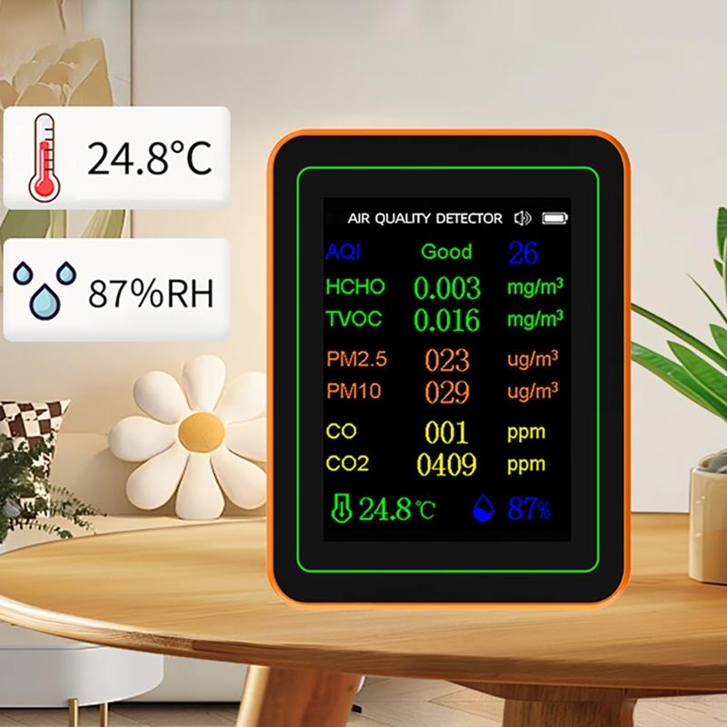 Air Quality Pollution Meter HCHO TVOC CO CO2 PM2.5 PM10 Temperature Humidity Meter with Buzzers Tester Color Display