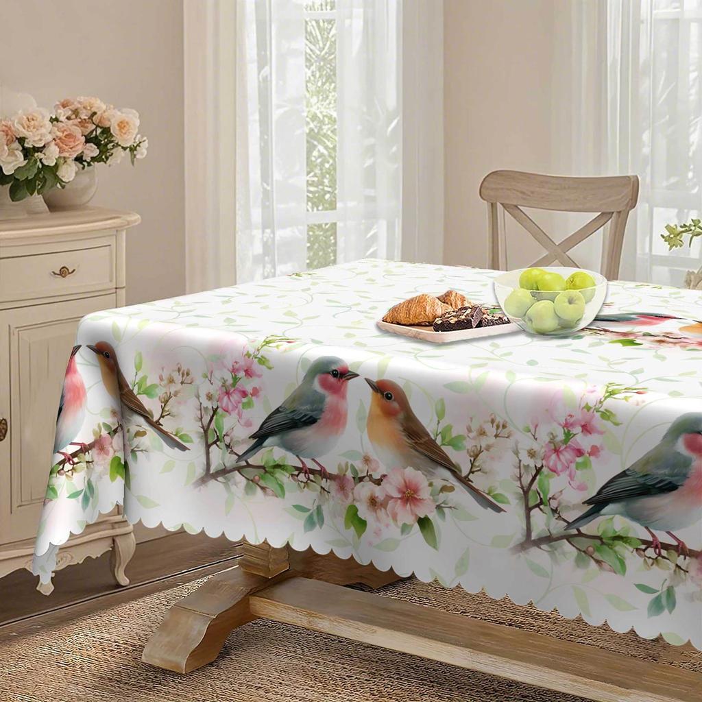 Spring And Summer Four Seasons Fresh Pastoral Flower And Bird Tablecloth, Round Dining Table Cloth, Restaurant Decorative Cloth Cherry Blossom Bird