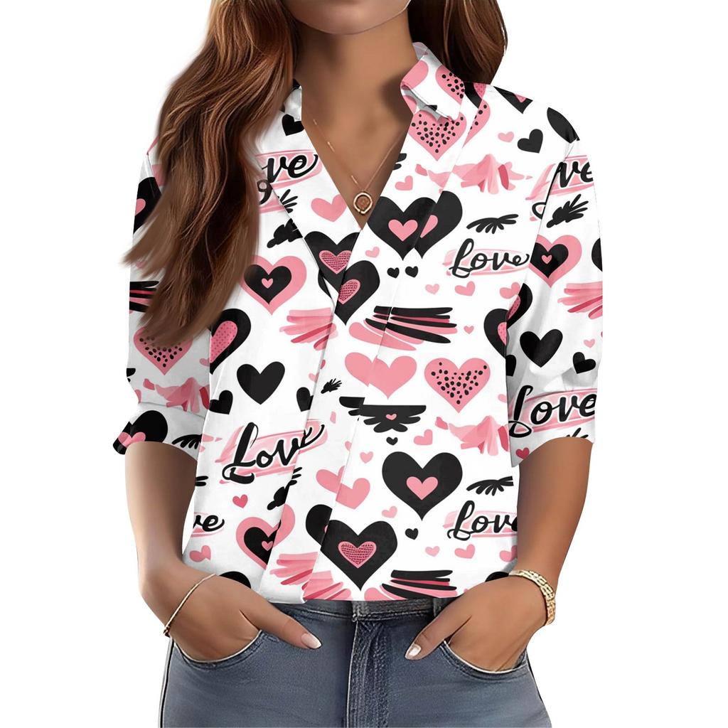 Damen 3/4-Ärmel V-Ausschnitt Hemd Bedruckt Arbeitskleidung Lässig Regulär Hemdkragen Oberteil