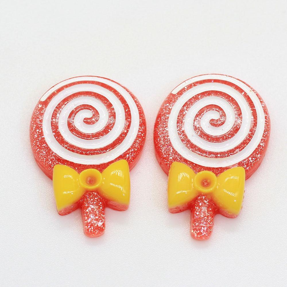 Mixed Color 100PCS Glitter Lolly With Bow Resin Lollipop Candy Scrapbook DIY Kawaii Cabochon