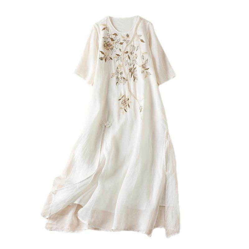 Women's Fairy Embroidered Ramie Dress - Round Neck, Pullover, 5-Point Sleeves, Long Summer Style
