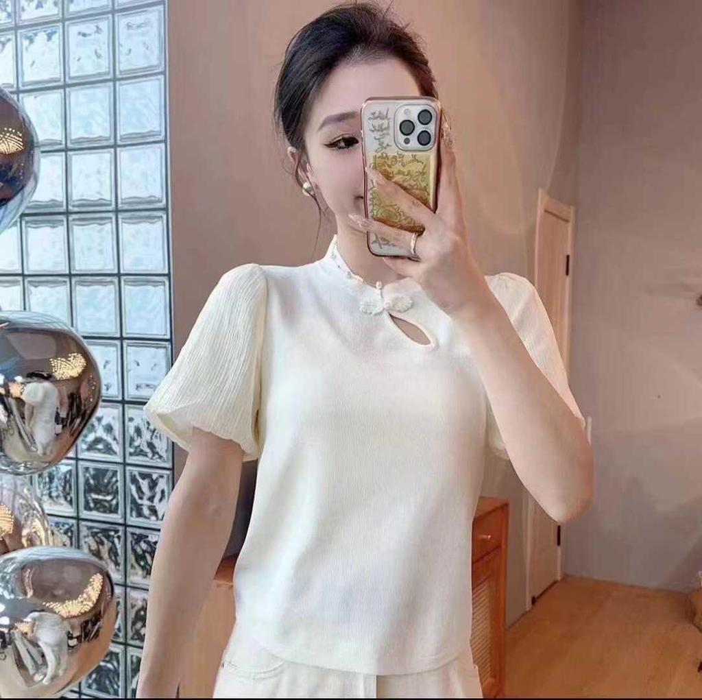 Summer 2025 Women's Puff Sleeve Chiffon Knit T-shirt with Frog Button