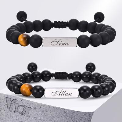 Vnox Free Personalized Name Bar(Front) Bracelets for Men Dad, Black Stones Tiger Eye Beaded Bracelets, Adjustable Classic Gift