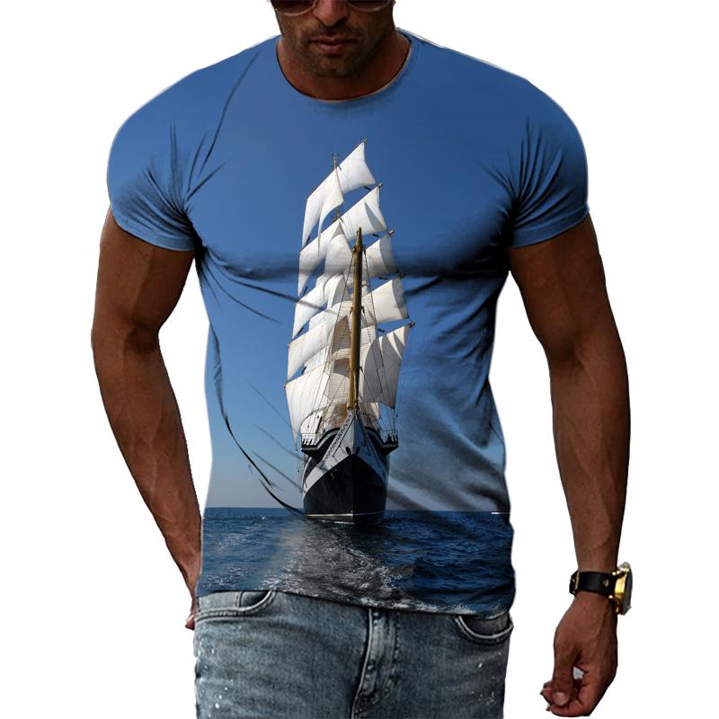 Sommer Segelboot Auf Meer Grafik T Shirts Männer Mode Lässig Persönlichkeit 3D Gedruckt Rundhals Kurzarm Streetwear T-shirts Tops
