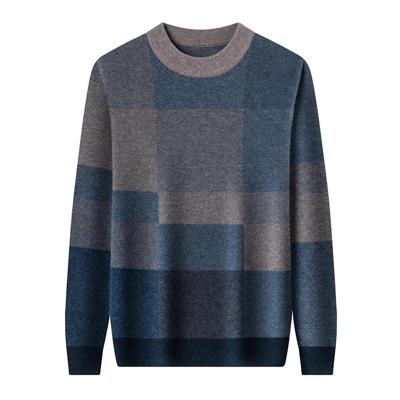 Men's 100% Wool Round Neck Sweater - 2025 Winter Fashion, Thickened Warm Base Layer for Young and Middle-Aged.