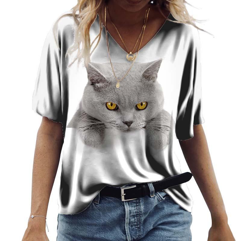 

Летний топ с V-образным вырезом и 3D-принтом, модные повседневные женские футболки с короткими рукавами XS