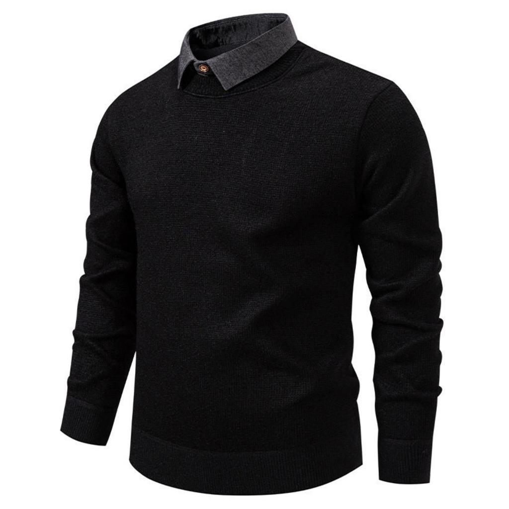 Men's Casual Patchwork Fake Two-piece Knitted Inner Sweater, Men's Warm Lapel Shirt Sweater