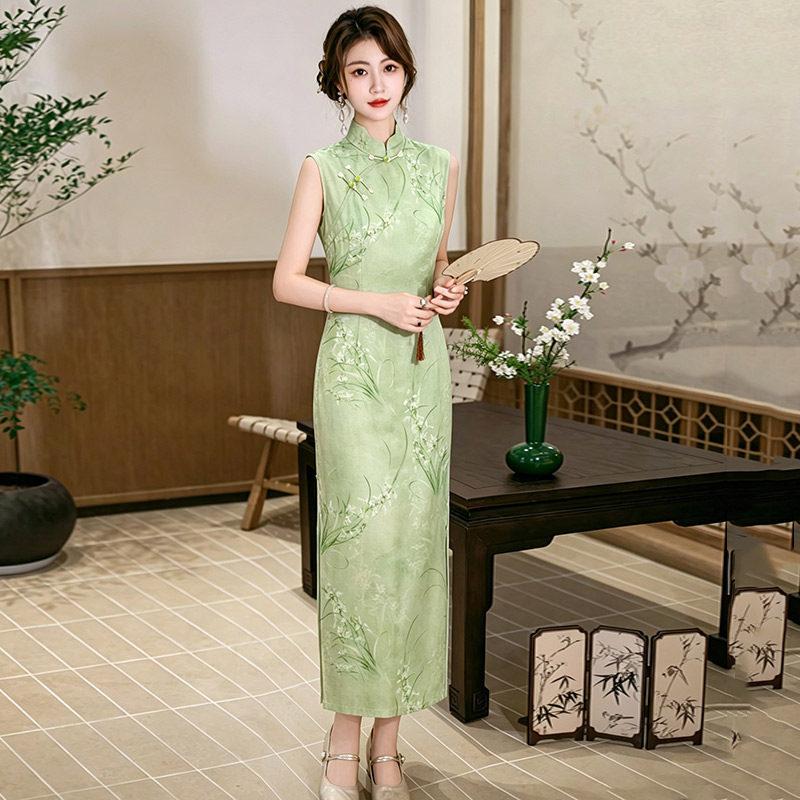 Green sleeveless national style new Chinese Suzhou long cheongsam improved young women's high sense can be worn daily in summer