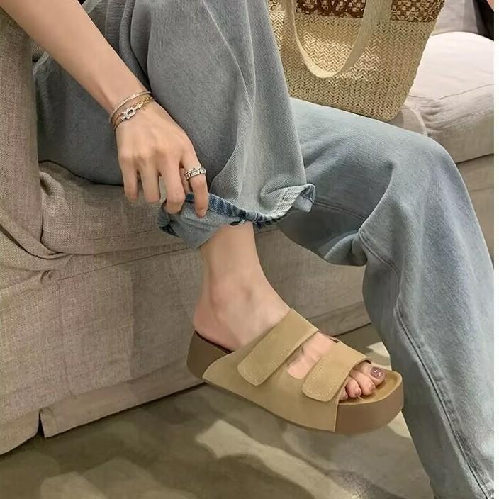 2025 New Summer Retro Leather Platform Slippers Women's Casual Soft Bottom Drag One-word Casual Non-slip Versatile