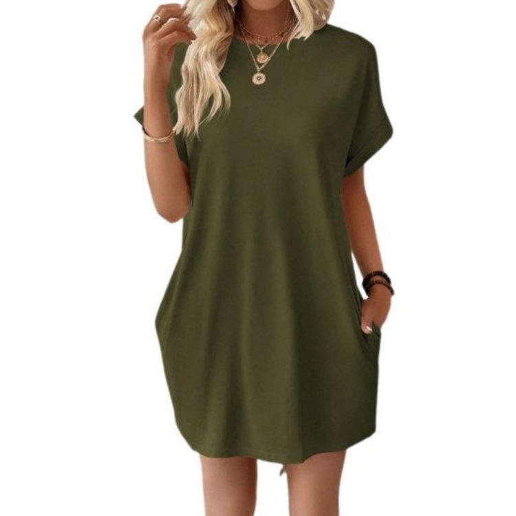 

Summer Casual Mini Dress Pure Color Crew Neck Short Sleeves Loose Side Pockets Soft Breathable Lady Office Dating Daily Commute Dress XL армія зелений колір