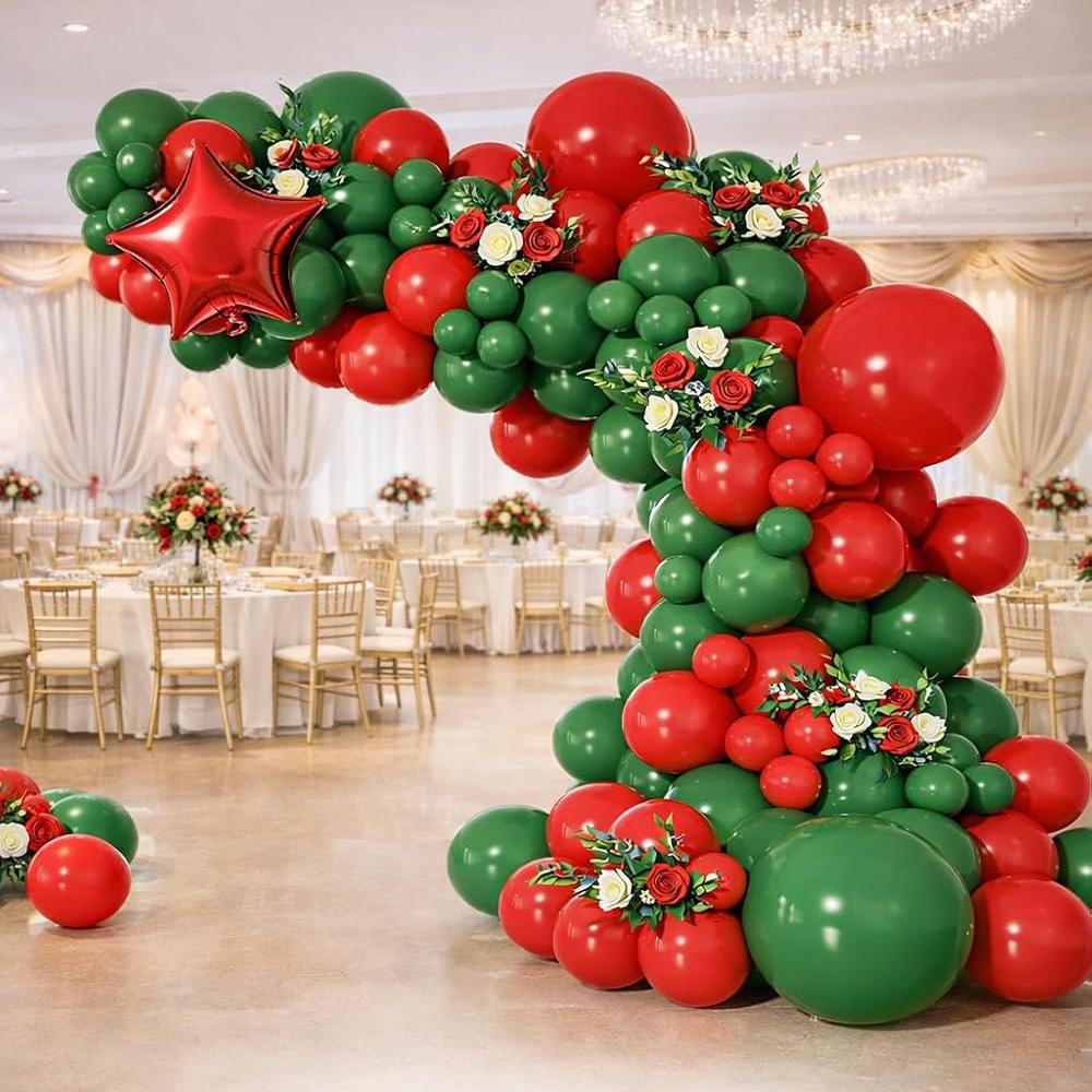 Kit Palloncini Rosso Verde Arco Verde Scuro Stella Rossa Palloncini in Foil Matrimonio Casa Festa di Compleanno Ghirlanda di Palloncini Decorazione Laurea