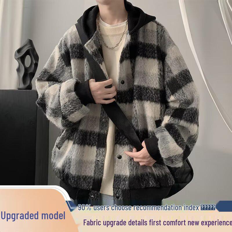 Men's Woolen Color Block Plaid Hooded Jacket - Trendy, High-End Autumn/Winter Casual Wear