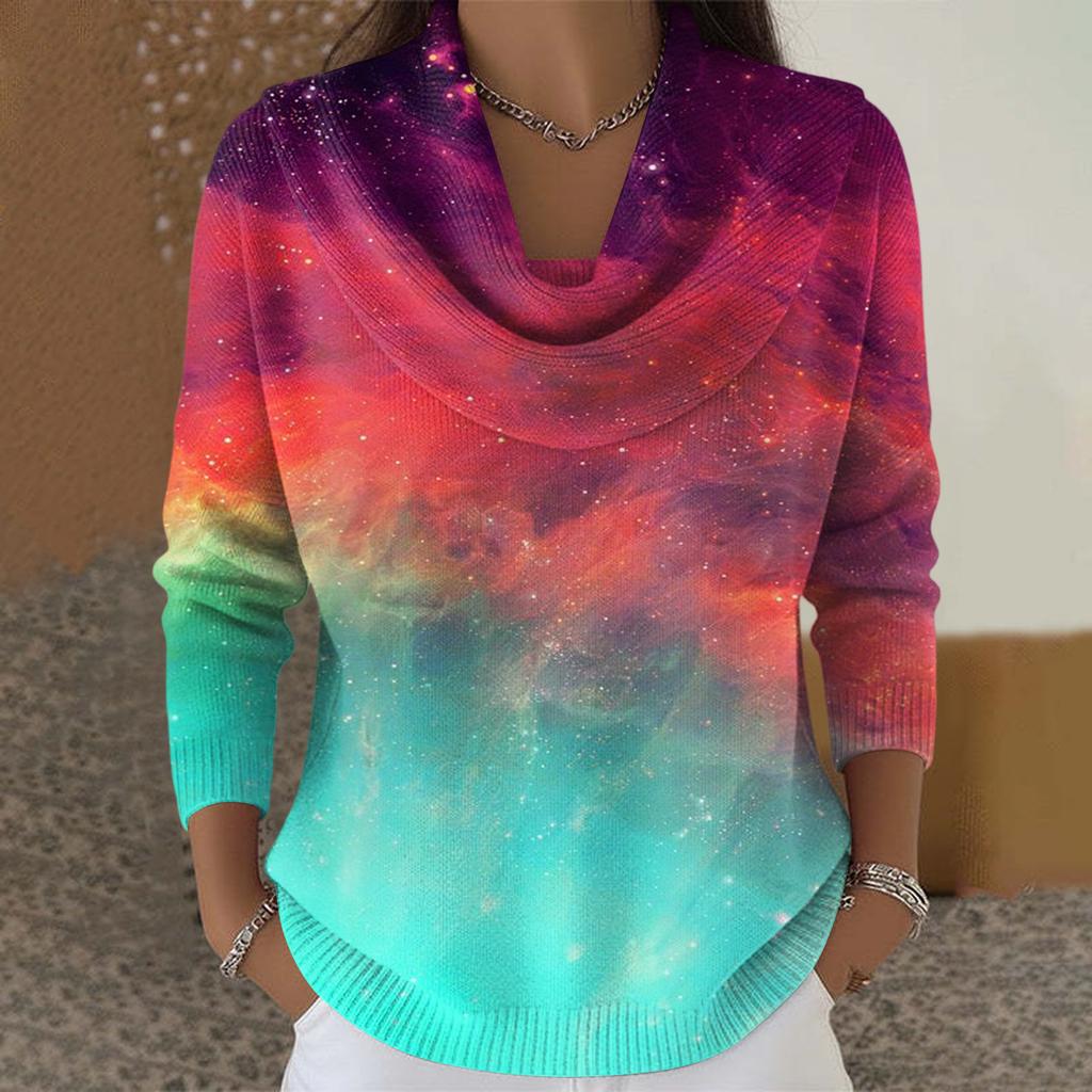 Dámský ležérní a módní svetr s dlouhým rukávem a potiskem, kulatým výstřihem