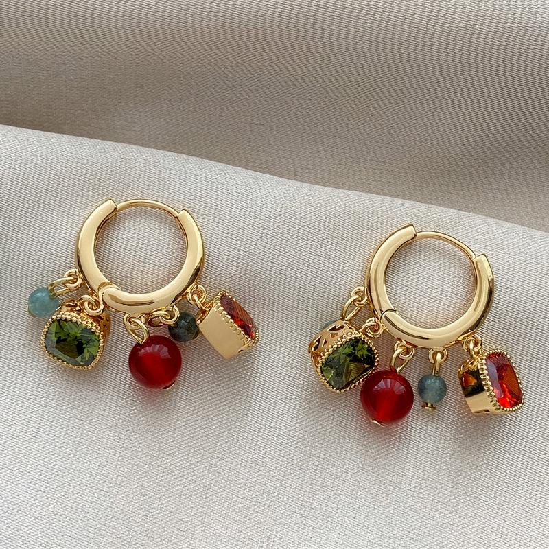 

K real gold electroplated zircon opal pendant ear buckle retro court style earrings light luxury high-end earrings women