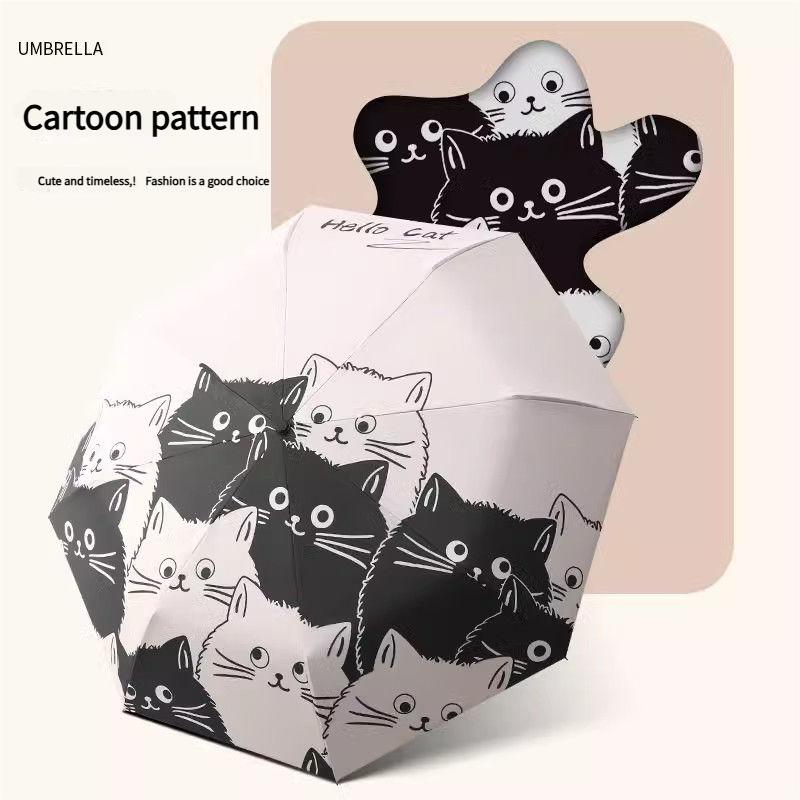 Paraguas de Gato Portátil para Lluvia y Sol de Doble Uso Paraguas Plegable Automático Revestimiento Negro Paraguas Anti UV Parasol para Niños Niñas Niños