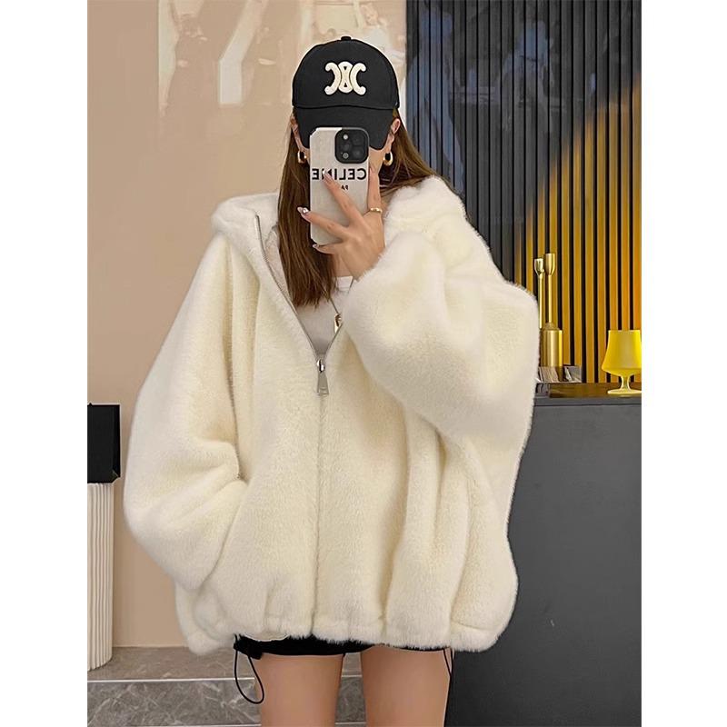 2025 Autumn/Winter Women's Short Hooded Faux Mink Fur Coat with Cotton Padding