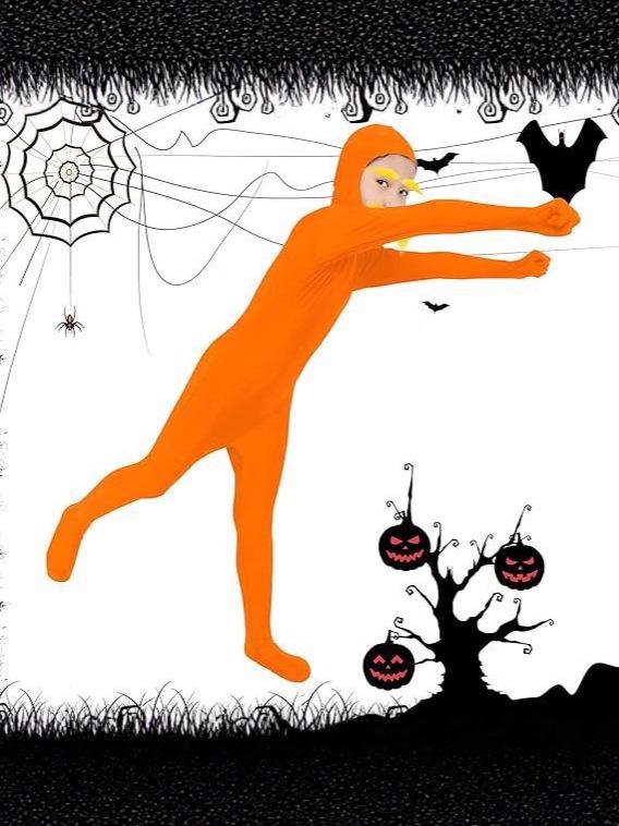 Masquerade Orange Halloween Jumpsuit with Yellow Beard and Exposed Face