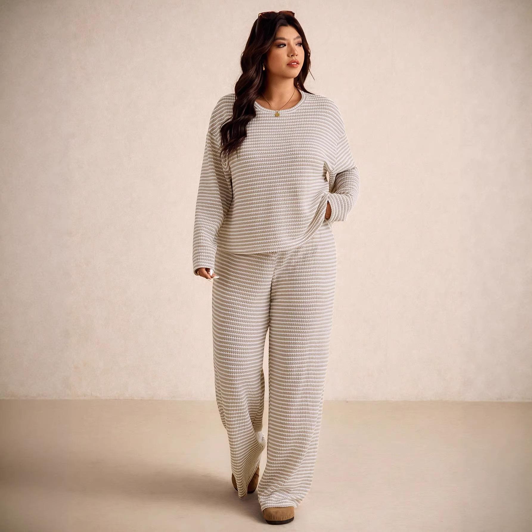 

Striped Print Casual Long-sleeved Top and Pants Set - Stylish Casual Straight-leg Pants Suit 4XL кавовий/сірий