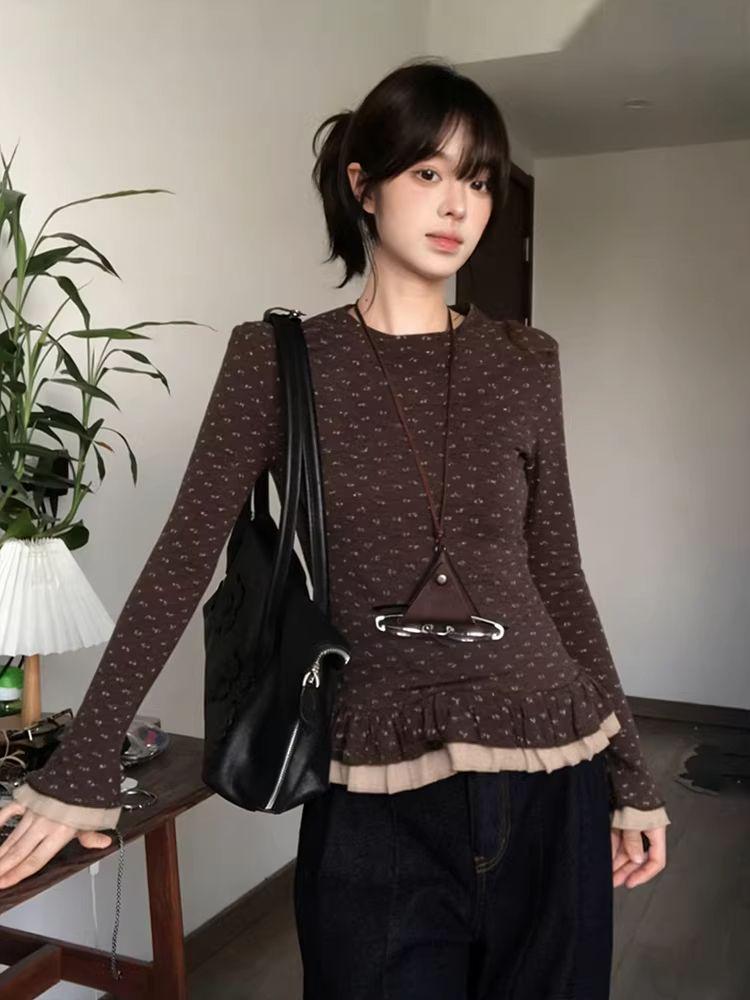 Women's Floral Lace Flannel Long-Sleeve Top - Slimming, Double-Layered Design for Autumn/Winter